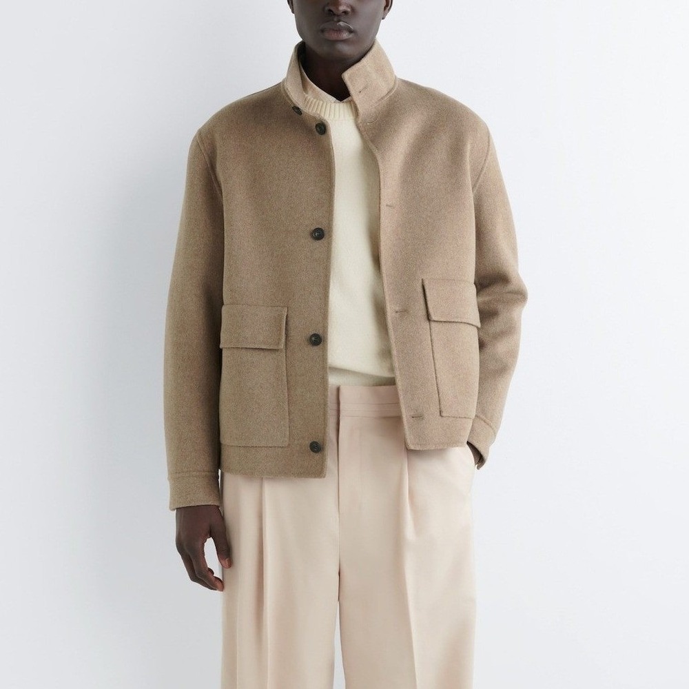 COS Men XS Double Faced Wool Funnel Neck Harrington Jacket Camel Tan Casual